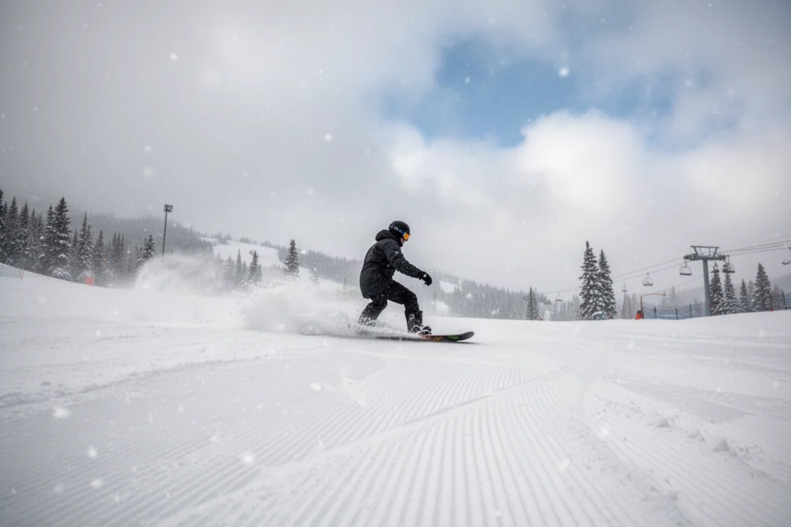 Snowboarder trazando curvas sobre nieve virgen en una pista preparada de montaña bajo cielos nublados