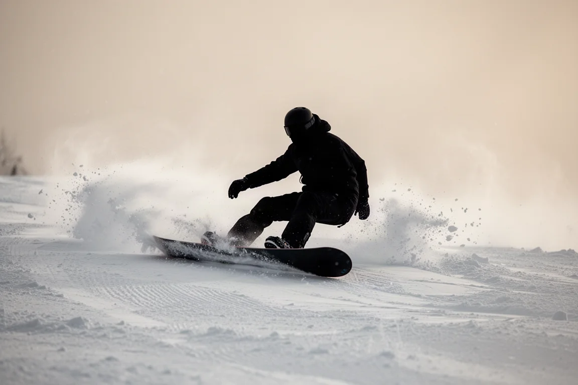 Snowboarder inclinando la tabla en un giro tallado profundo sobre una pista dura