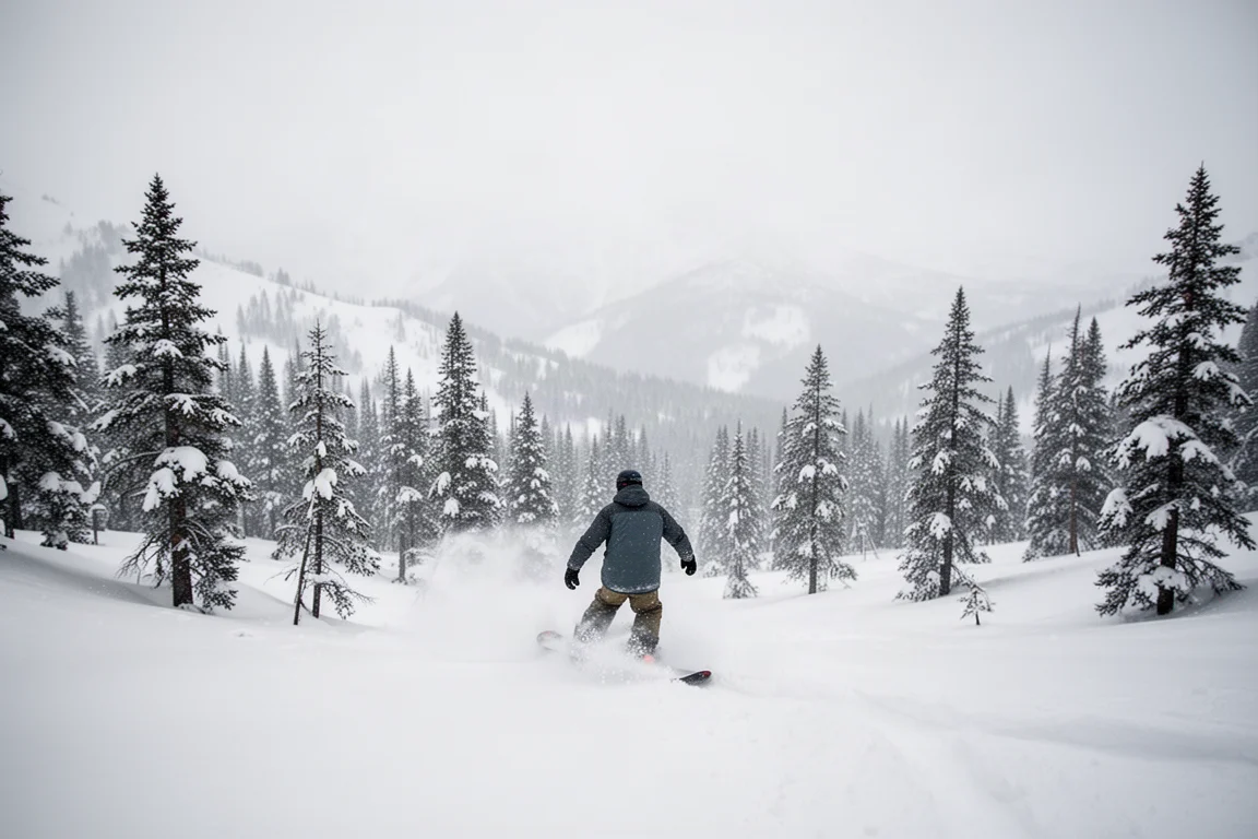 Snowboarder navegando por nieve polvo entre árboles en una pendiente montañosa empinada