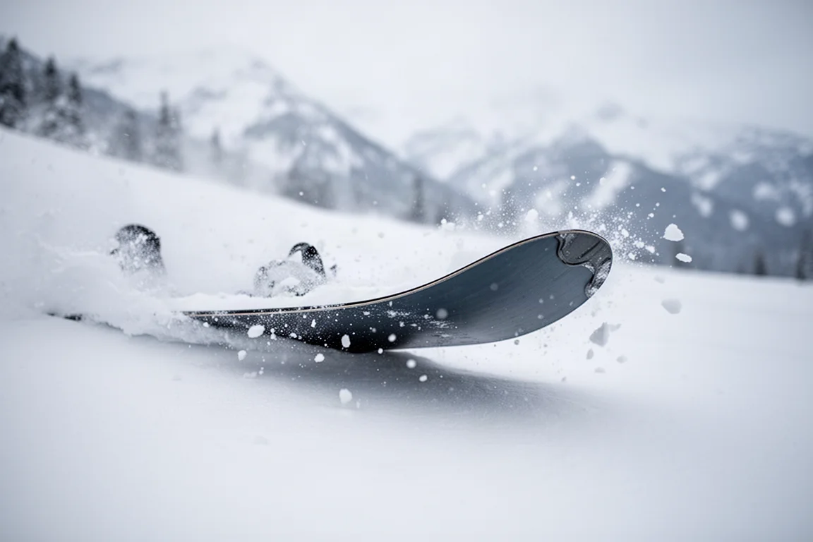 Nahaufnahme einer Snowboard-Nose, die in tiefen, frischen Pulverschnee eintaucht