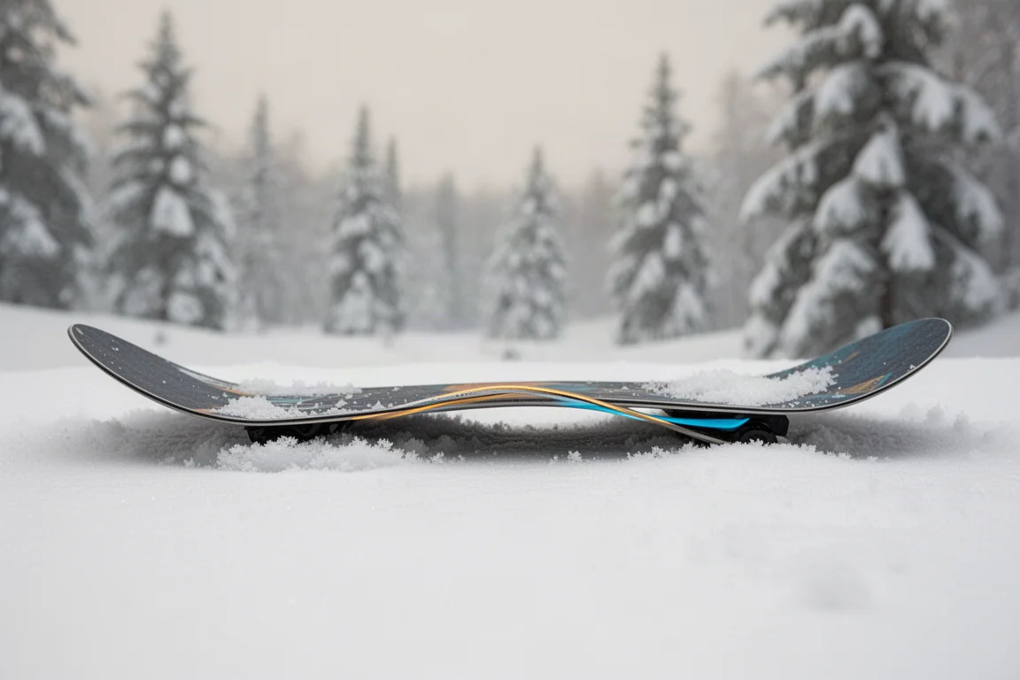 Seitenprofil eines Snowboards mit Rocker in der Nose und Camber unter dem hinteren Fuß