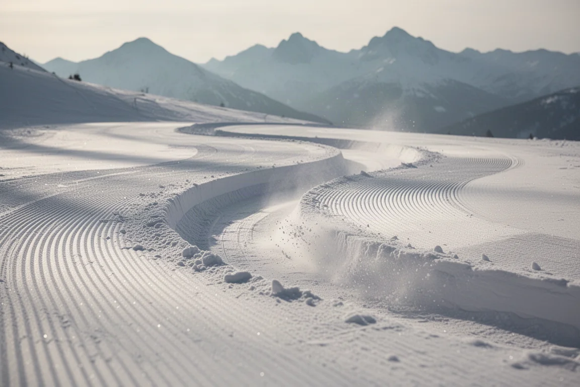 Tiefe Carving-Spur, die sich durch weichen, präparierten Schnee auf einem Bergpfad schlängelt