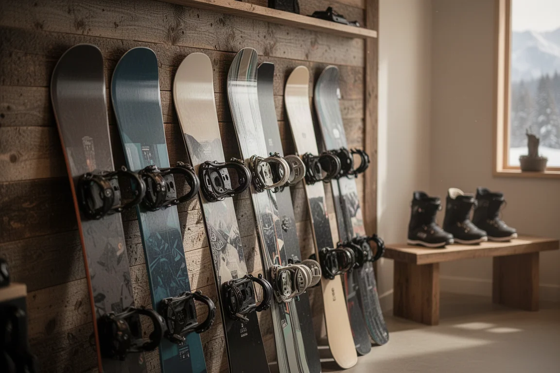 Reihe gerichteter Snowboards, die in einem Bergladen an einer Holzwand lehnen
