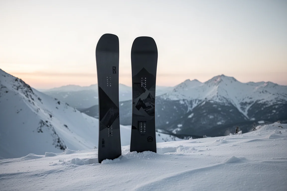 Directional snowboard standing in fresh powder on a mountain ridge at dawn