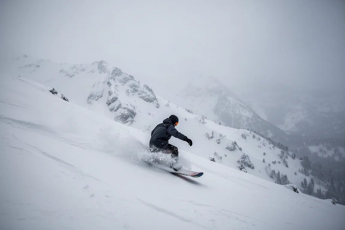 Snowboarder che si tuffa in un ripido campo di neve fresca in una giornata alpina nuvolosa