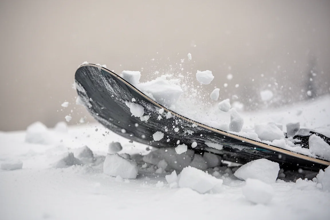 Il nose dello snowboard si flette verso l'alto attraverso neve sminuzzata e blocchi di ghiaccio