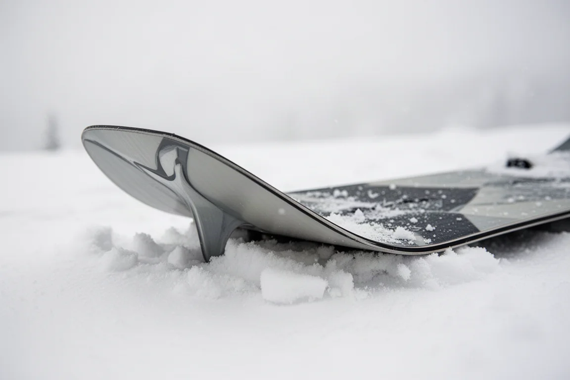 Coda conico-swallowtail di uno snowboard appoggiata su neve compattata