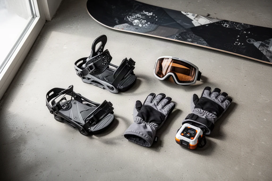 Attrezzatura da snowboard freeride disposta in flat-lay su una superficie di cemento