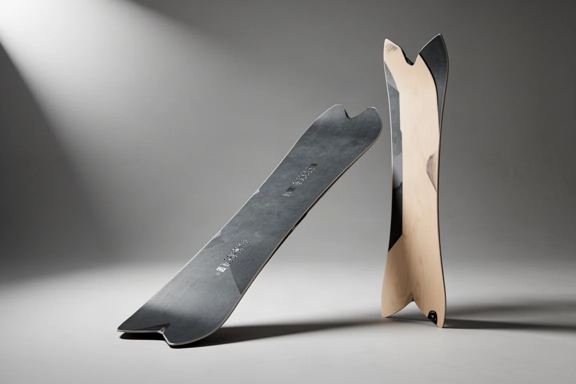Directional freeride snowboard with mini swallowtail on a neutral grey studio backdrop