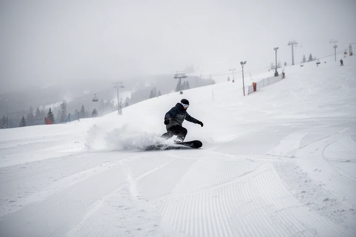 Snowboardzista jadący po świeżym śniegu na górskim stoku pod pochmurnym niebem