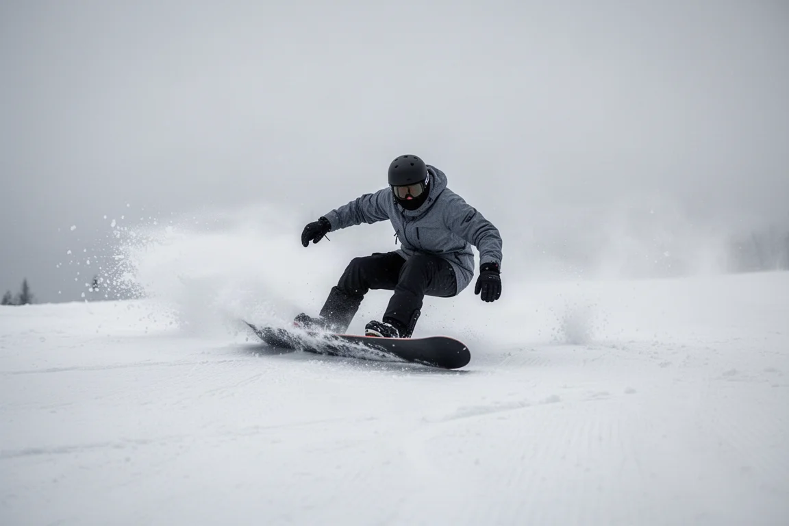 Snowboardzista mocno pochylony w twardym carve'u na przygotowanym stoku