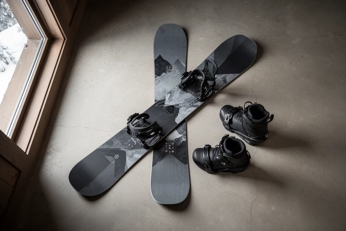 Snowboard ułożony z wiązaniami i butami w plenerze przy schronisku