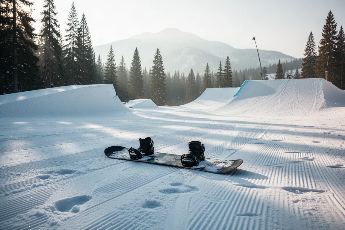 Pusty snowpark w ośrodku górskim o wczesnym poranku z przygotowanymi przeszkodami ze śniegu