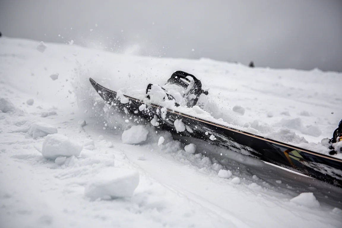 Snowboarder widziany od tyłu, wykonujący łagodny carve na przygotowanym stoku o zmierzchu