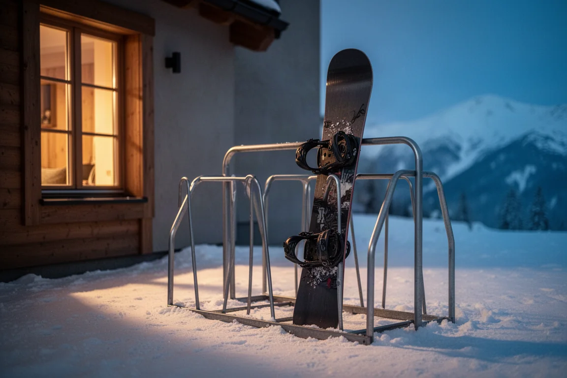 Widok z góry na snowboard z wiązaniami, butami, rękawicami i goglami na betonie