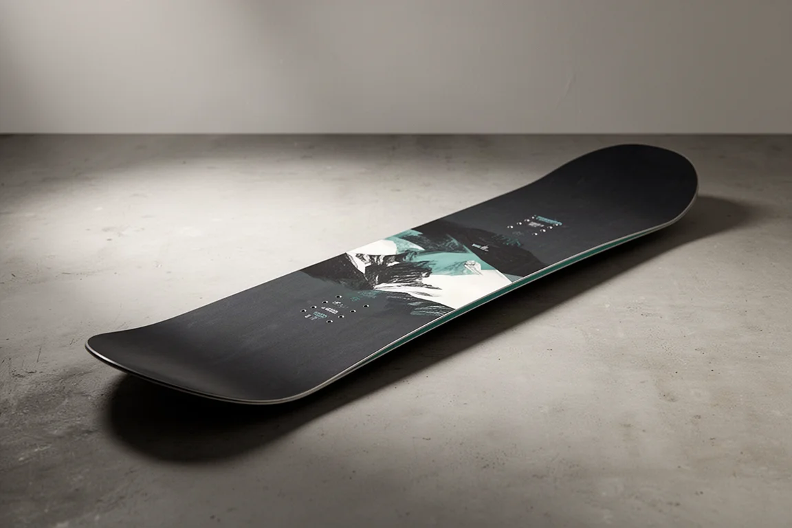Snowboard parkowy Telos Chillum ustawiony pionowo na matowej betonowej podłodze
