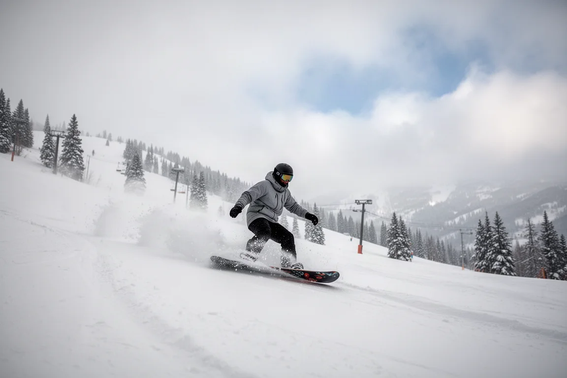 Snowboarder zieht frische Schwünge durch Pulverschnee an einem einsamen Berghang
