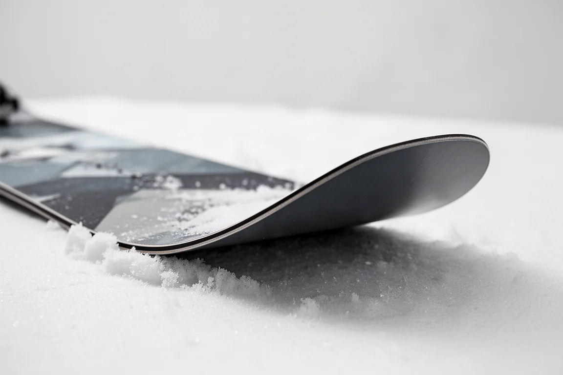 Nahaufnahme einer Snowboard-Nose mit Rocker-Profil im Schnee liegend