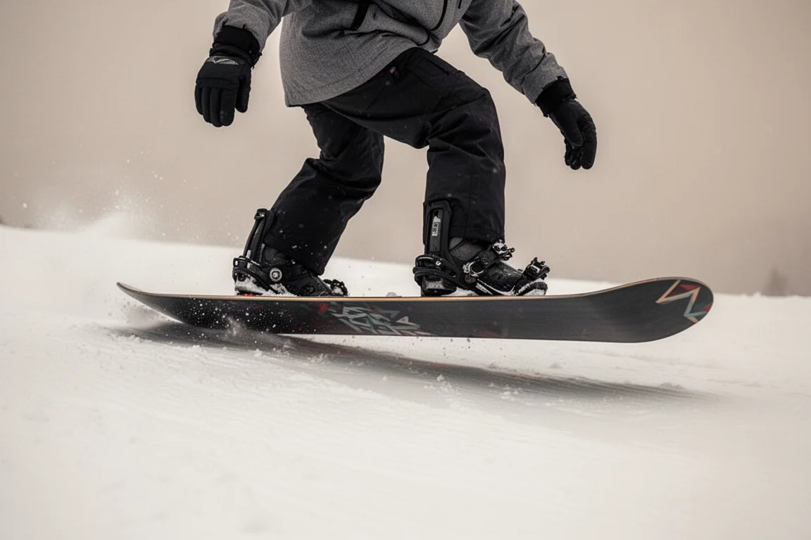Snowboarder pressen die Nose des Boards auf einer präparierten Piste