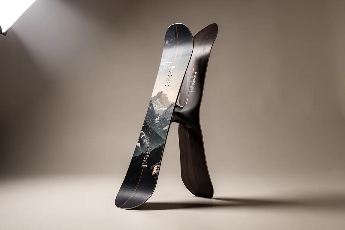 Telos Deros gerichtetes Swallow-Tail-Snowboard aufrecht vor grauem Hintergrund