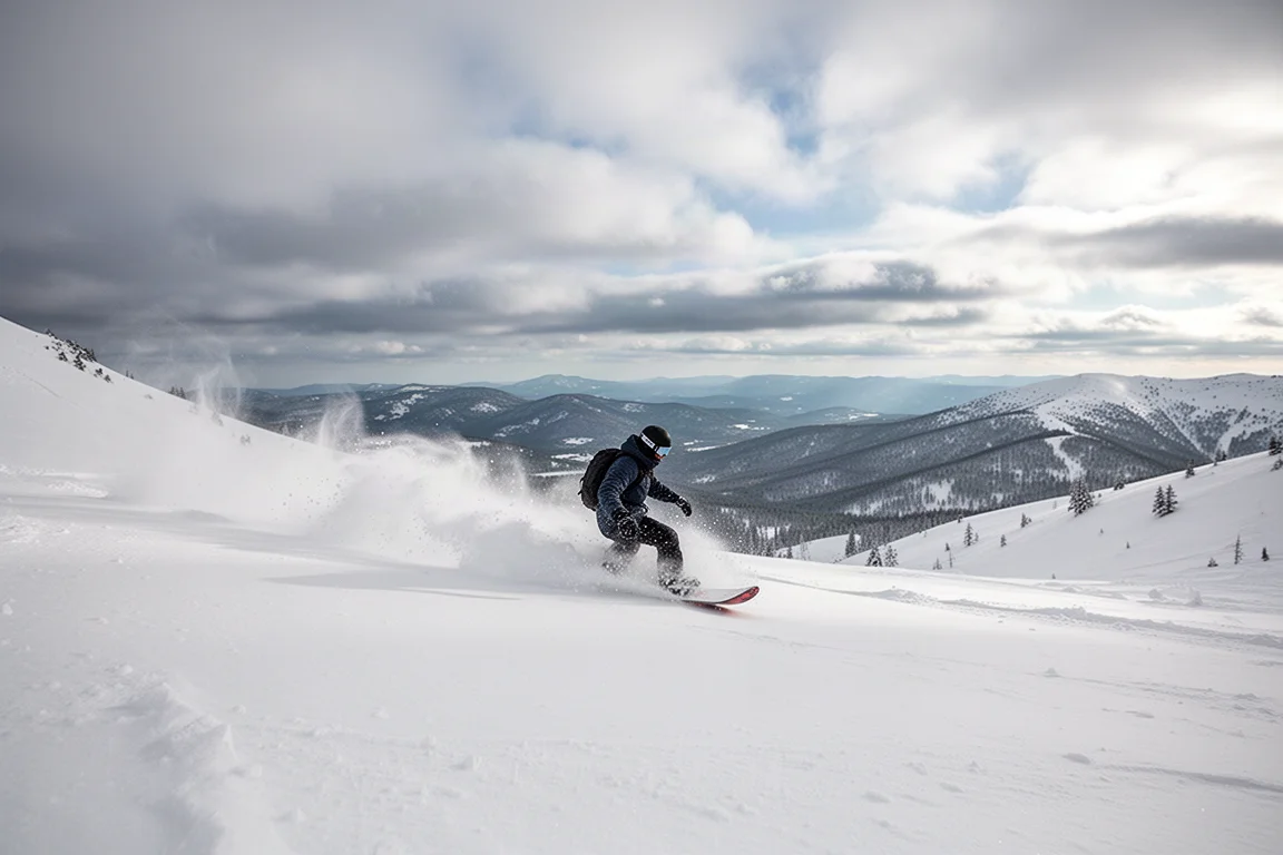 Snowboardzista jedzący świeżym puchem na słonecznym stoku górskim