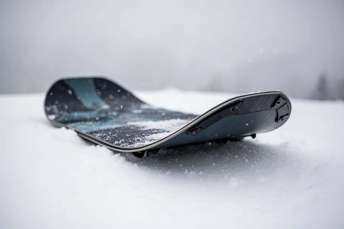 Zbliżenie na nos deski snowboardowej z profilem rocker spoczywający w świeżym śniegu