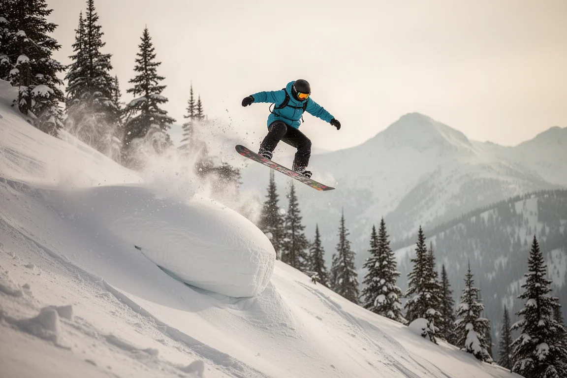 Snowboardzista wyskakujący z puchowej poduszki na stromym terenie
