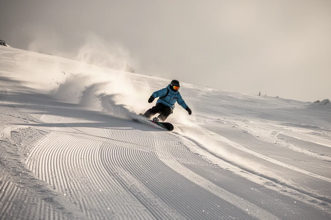 Snowboardzista kładący głęboki carve na przygotowanym trasie
