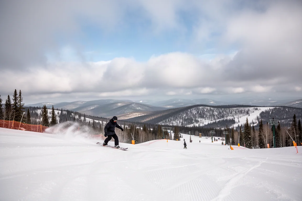 Snowboardzista zjeżdżający przygotowaną trasą ośrodka pod mieszanym błękitnym niebem i szarymi chmurami