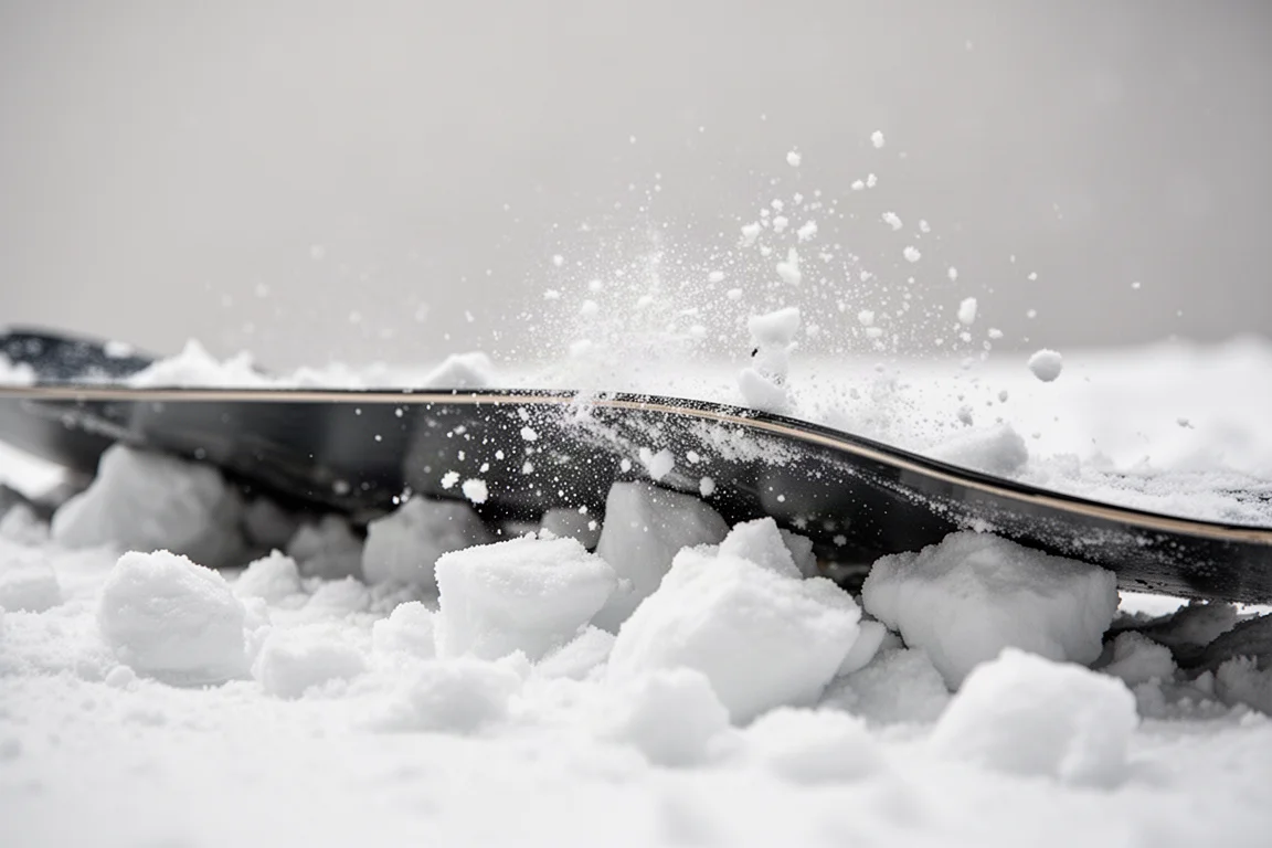 Zbliżenie na krawędź deski snowboardowej tnącą poszarpany, rozbity śnieg z wyrzucaną mgiełką
