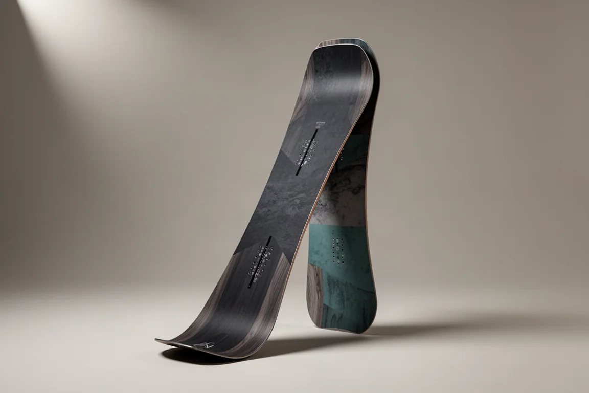 Directional freeride snowboard with matte dark topsheet standing on a grey backdrop