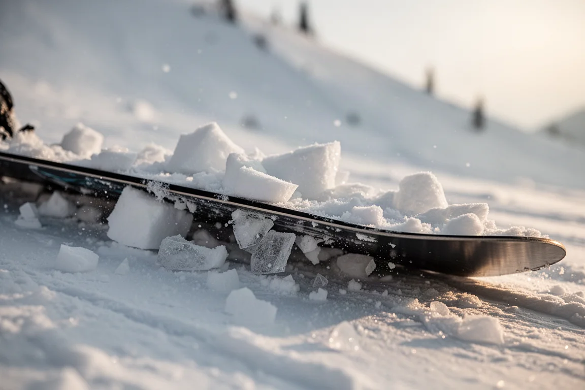 Primer plano de la base y el canto de una tabla de snowboard cruzando nieve desigual y cortada