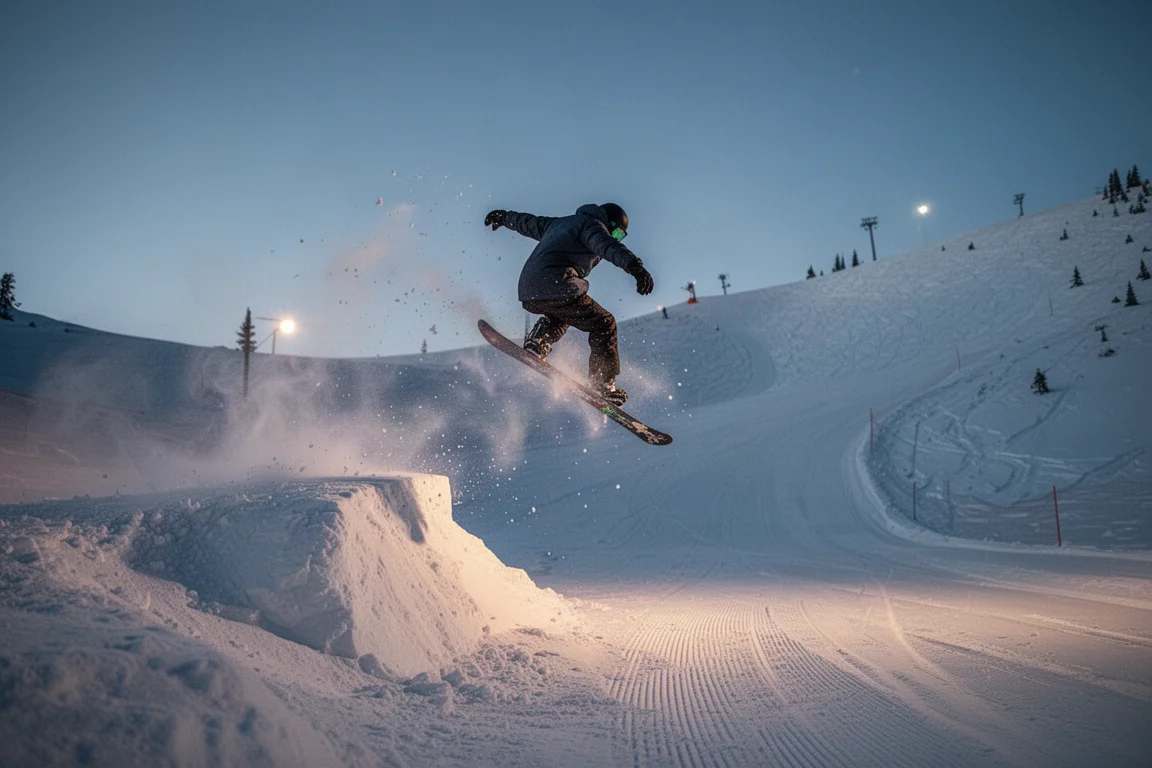 Snowboarder saltando de un saliente lateral junto a una pista pisada al atardecer