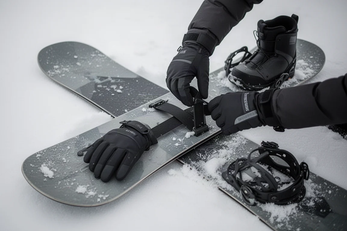 Rider ajustando las fijaciones de una tabla de snowboard apoyada sobre nieve compactada