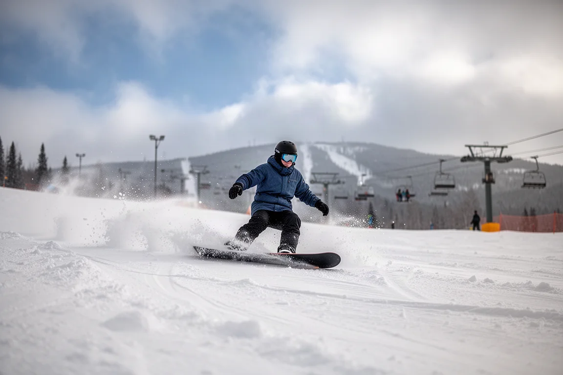 Snowboardeur traversant une neige détrempée et hachée sur une piste damée de station