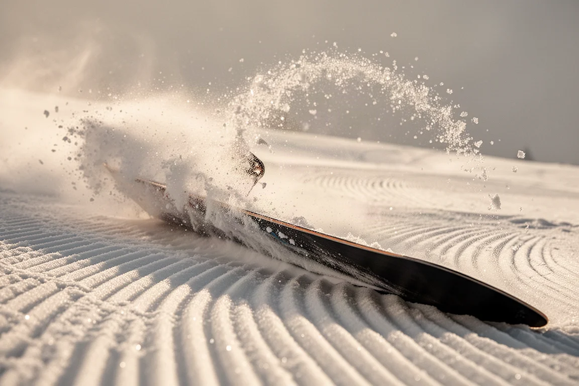 Gros plan sur la carre d'un snowboard mordant la neige corduroy en courbe