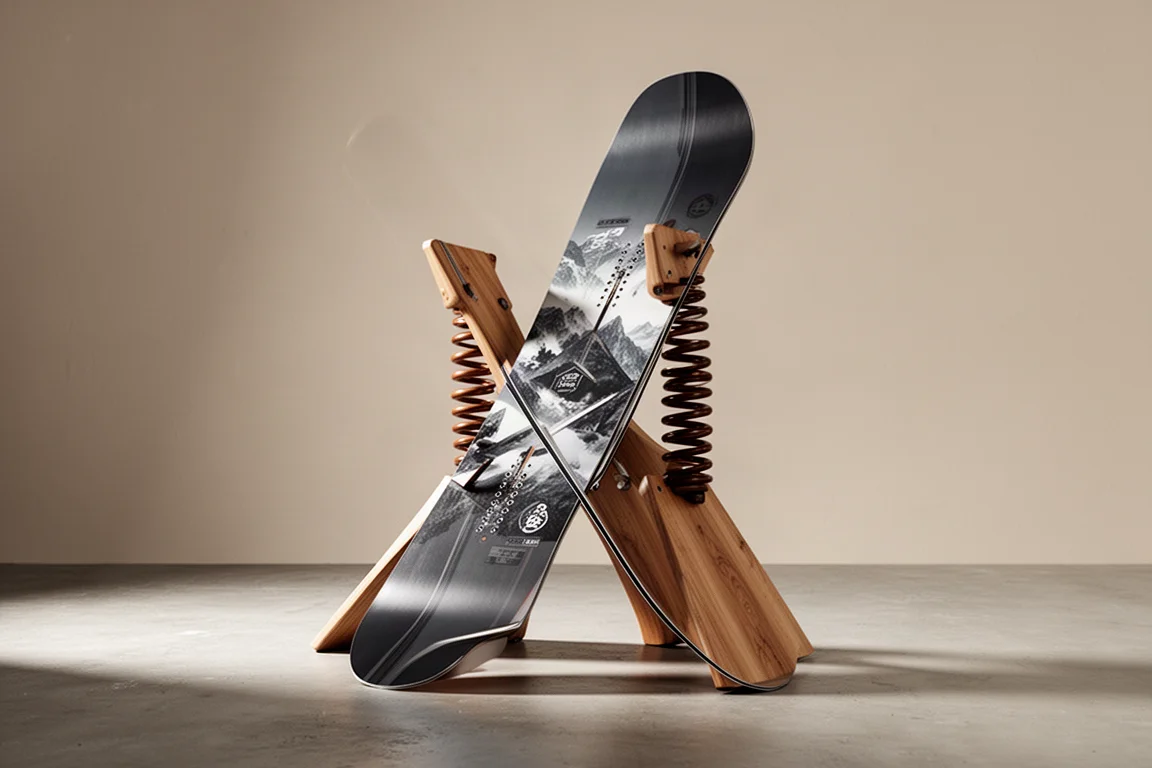 Snowboard twin-tip wide dressé verticalement sur une surface de béton en studio