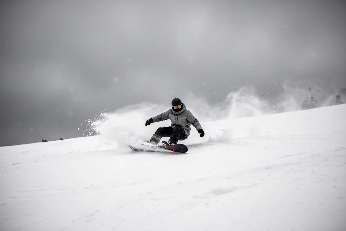Snowboarder che traccia curve nella neve fresca su un pendio montano in burrasca
