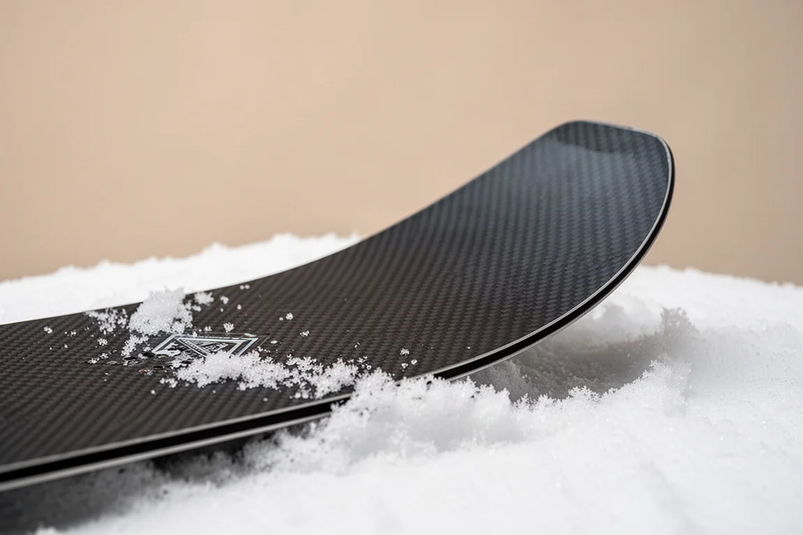 Primo piano dello tip di uno snowboard con profilo rocker appoggiato nella neve