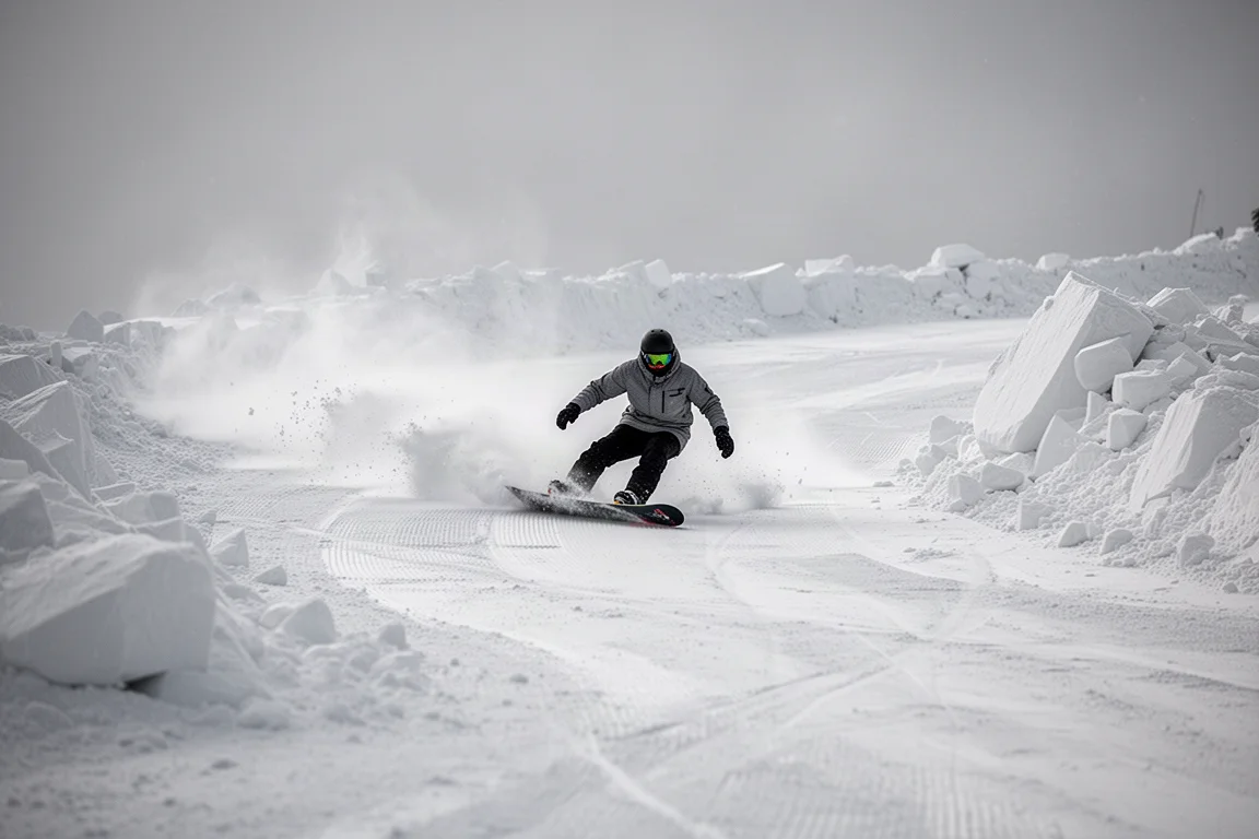 Snowboarder che scende veloce lungo una pista battuta con neve sminuzzata tutto intorno