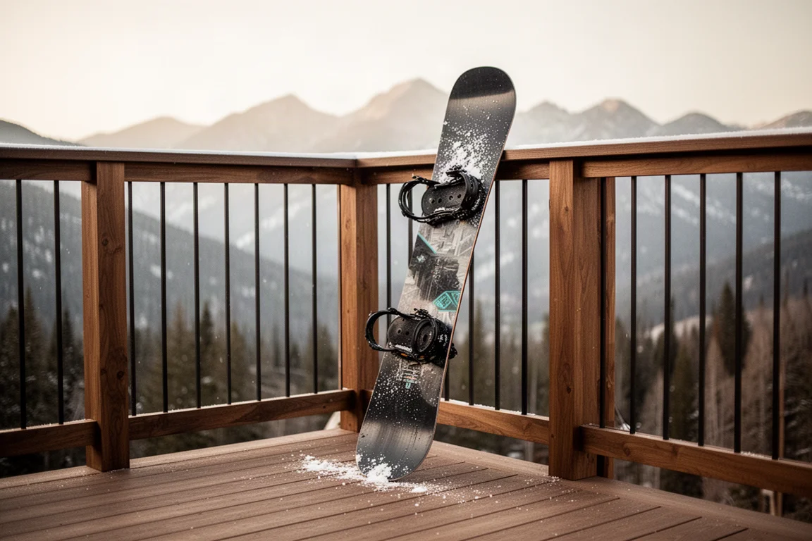 Snowboard parcheggiato su un ponte di legno dopo una giornata di riding