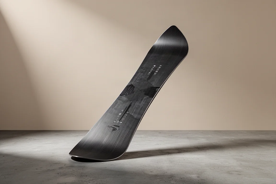Snowboard freeride Telos Lumerian Carbon appoggiato su una superficie di cemento