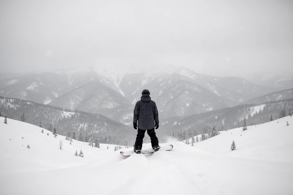 Snowboarder steht auf einem Grat über einem weiten Powder-Feld in einem Skigebiet