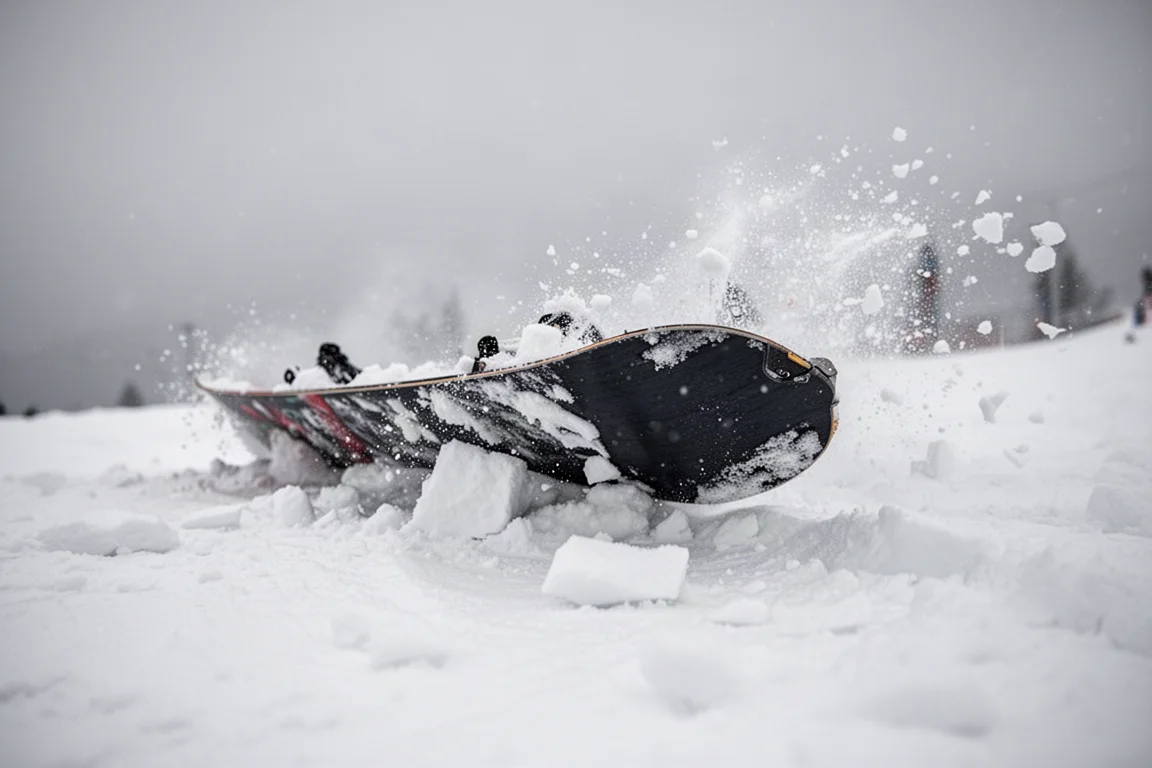 Snowboard schneidet durch zerhackten Schnee und sprüht Powder in einem Skigebiet auf