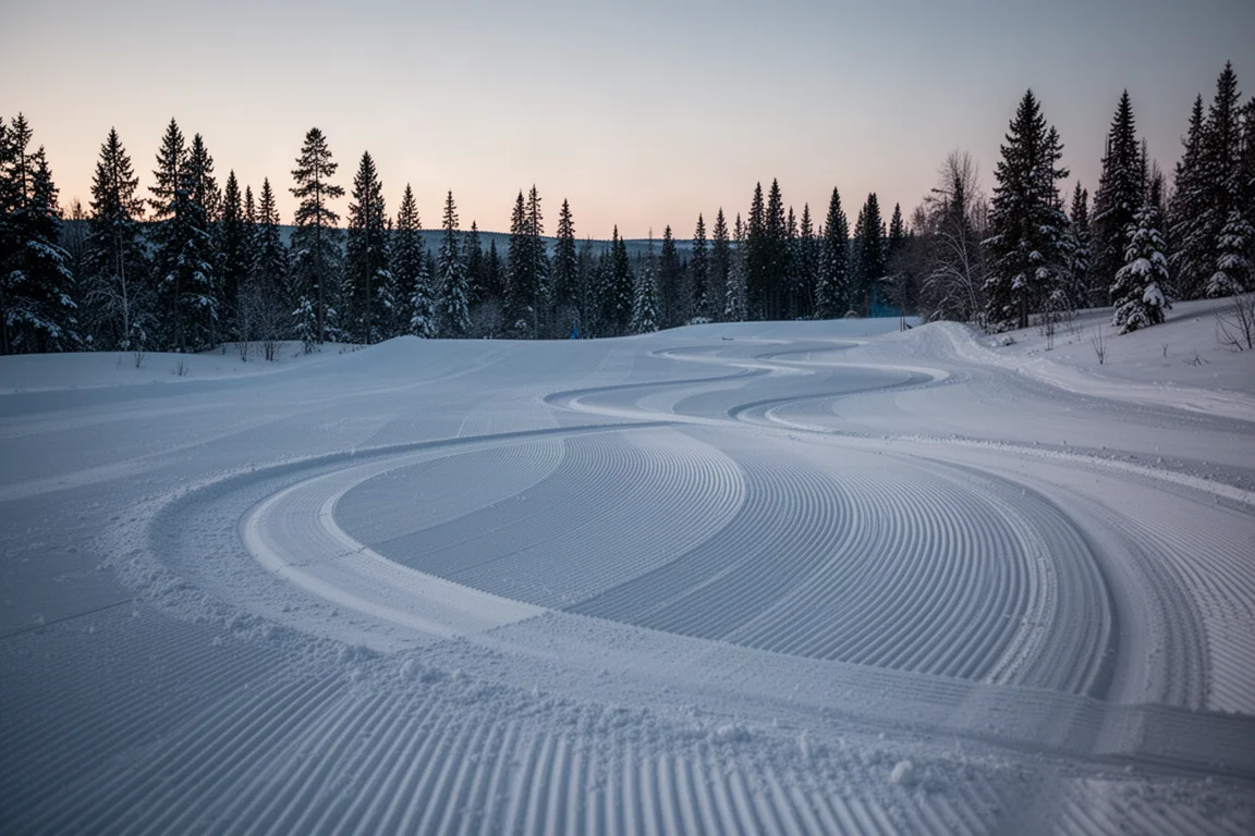 Geschwungene Carve-Spuren in frisch präpariertem Schnee in der Dämmerung