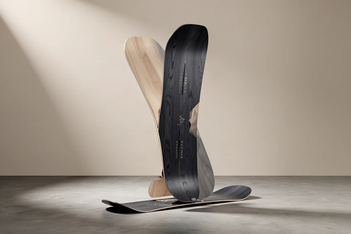 Directional freeride snowboard standing upright on a matte concrete surface