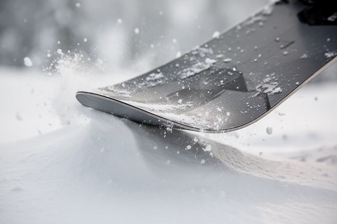 El nose de la tabla flexionando en un badén de nieve con un chorro de polvo