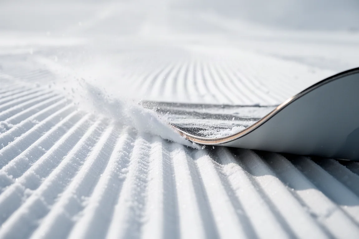 El canto de la tabla trazando un surco limpio en nieve pisada tipo corduroy