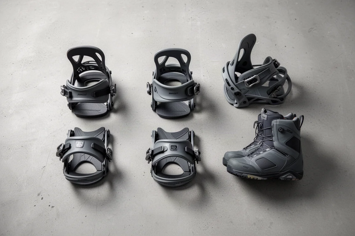 Vista cenital de fijaciones y botas de snowboard dispuestas sobre hormigón