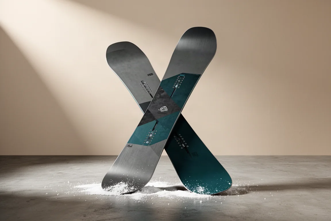 Telos Mike Ranquet snowboard standing upright on a matte concrete surface